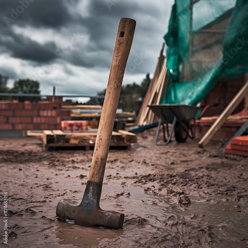 A heavyduty sledgehammer rests in muddy soil at a construction site. Background shows brickwork, wood, and a wheelbarrow, depicting an active work environment. photo