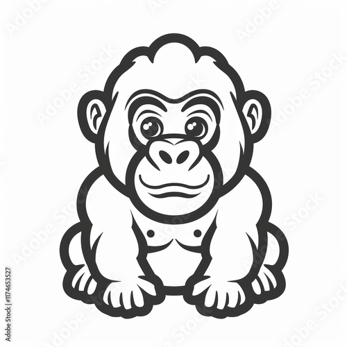 Cute Flat Vector Logo of a Playful Gorilla in Black and White photo