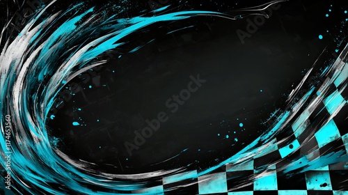 Abstract checkered racing flag background with dynamic paint strokes.
