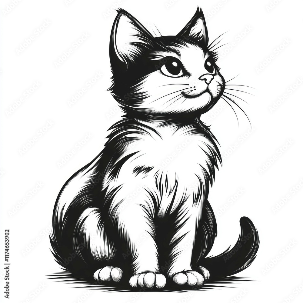Obraz premium Adorable Kitten in Vintage Black and White Illustration Style