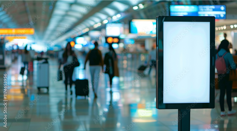 Blurred image of people at the airport with blank billboard for advertisement Blurred image of people at the airport with blank billboard for advertisement