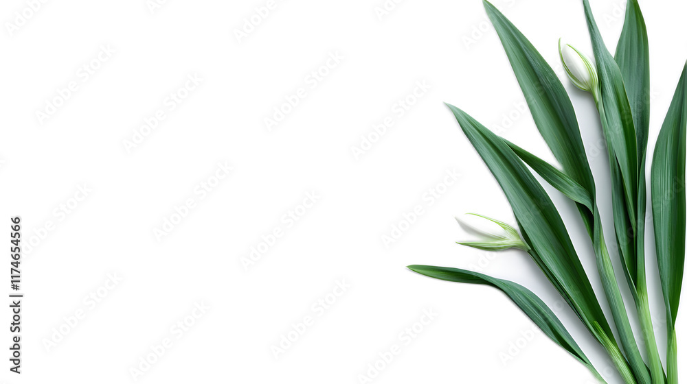 Obraz premium Fresh Green Leaves and White Flower Buds on Black Background