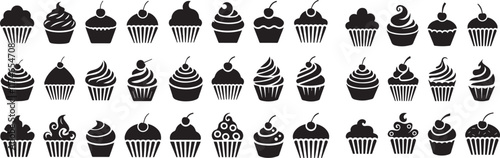 Vector illustration of a set of black silhouettes of various cupcake shapes Bundle