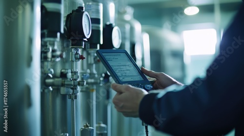 Wallpaper Mural A person is using a tablet to read a gauge on a piece of equipment Torontodigital.ca
