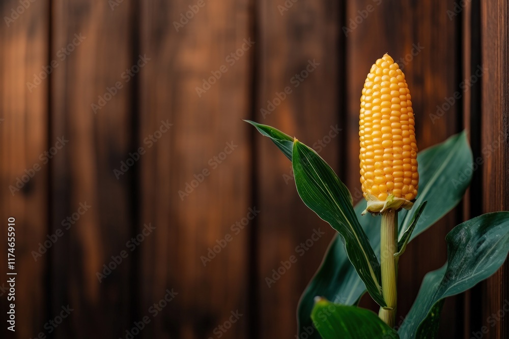 Obraz premium Golden Corn Cob Against Rustic Wooden Background
