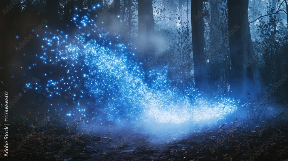 A mystical blue light swirls in a foggy forest, creating an enchanting atmosphere. A mystical blue light swirls in a foggy forest, creating an enchanting atmosphere.