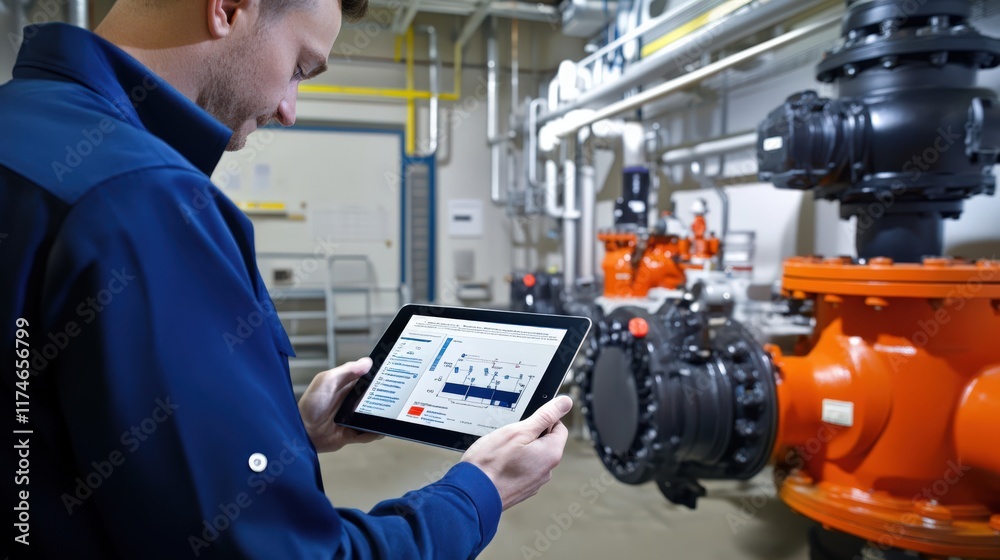 A man is looking at a tablet while standing next to a large orange pipe A man is looking at a tablet while standing next to a large orange pipe