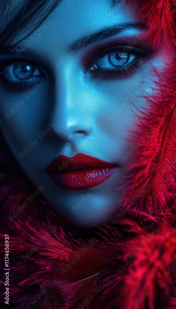 Close-up portrait of a woman with dramatic makeup and red feathers.