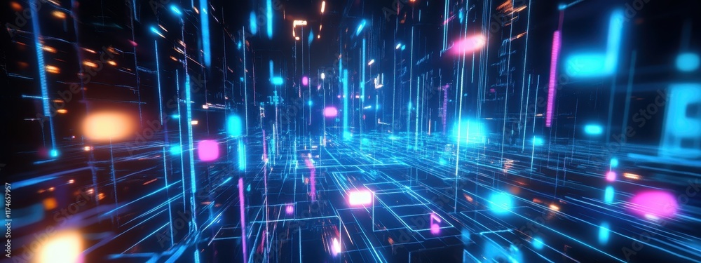 Fototapeta premium Futuristic cityscape, neon lights, reflective wet streets, cyberpunk atmosphere, urban night scene, glowing skyscrapers, pink and blue color palette, dystopian metropolis, puddles reflecting neon, hig