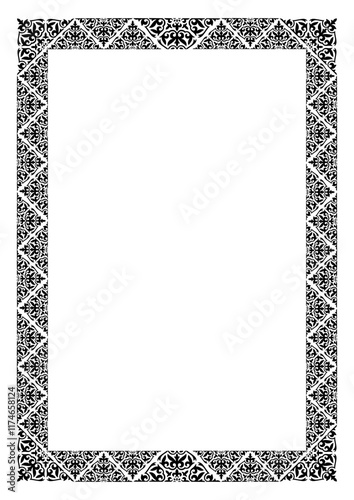 Black rectangular Vertical Islamic Asian Kazakh national ornament frame. A4 format. Abstract Asian elements of national pattern of  ancient nomads of the Kazakhs, Kyrgyz, Mongols. For award, diploma