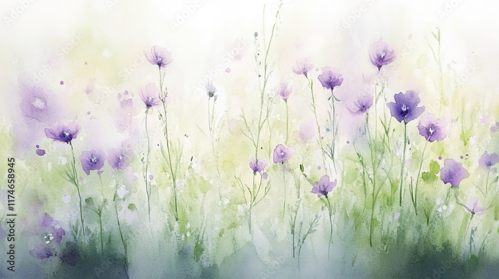 Watercolor painting of purple wildflowers, soft green background, dreamy and ethereal with a misty effect. Watercolor painting of purple wildflowers, soft green background, dreamy and ethereal with a misty effect.