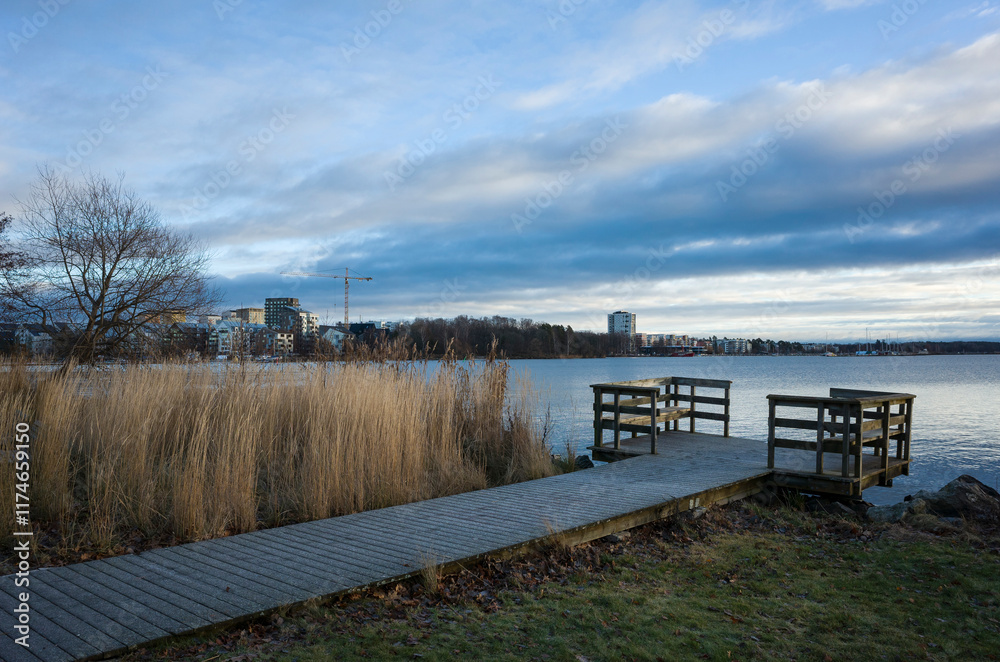 Naklejka premium Dry reeds by a wooden bridge by the lake Malaren (Mälaren) on winter day, View of new residential area of Oster Malarstrand, Vasteras, Sweden, Scandinavia, Europe