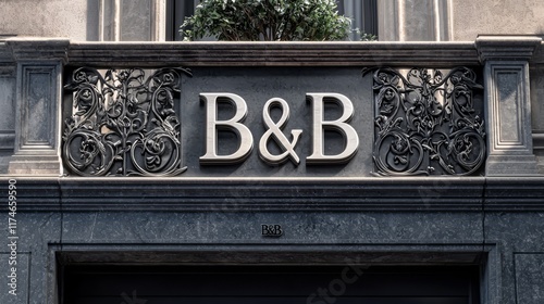 Elegant B&B Sign: A close-up of a sleek and modern B&B sign with ornate details, exuding sophistication and charm.