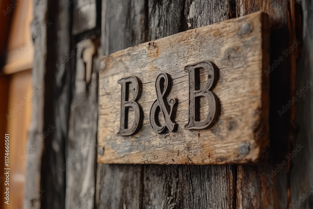 Rustic Charm: A close-up shot showcases a weathered wooden sign emblazoned with Rustic Charm: A close-up shot showcases a weathered wooden sign emblazoned with