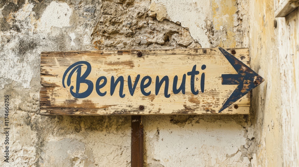 Rustic Welcome: A weathered wooden sign, bearing the Italian word Rustic Welcome: A weathered wooden sign, bearing the Italian word