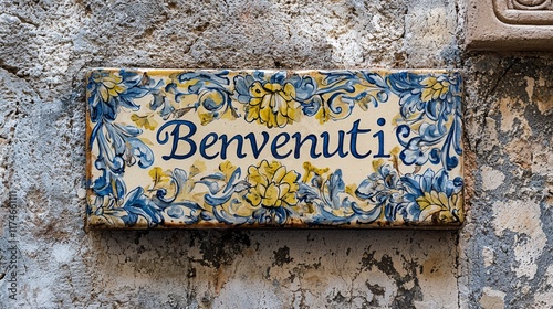 Benvenuti Sign: A rustic, ornate ceramic tile sign in weathered condition displays the welcoming word 