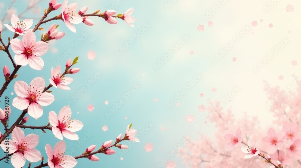 Fototapeta premium Delicate Pink Blossoms and Falling Petals on a Soft Pastel Background, Evoking Feelings of Serenity and Springtime Renewal