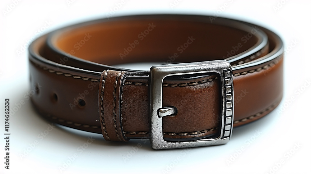 A brown belt with a silver buckle on a white background A brown belt with a silver buckle on a white background