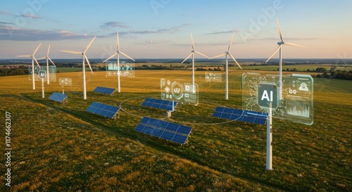 Renewable Energy Wind Turbines and Solar Panels with AI Digital Overlays