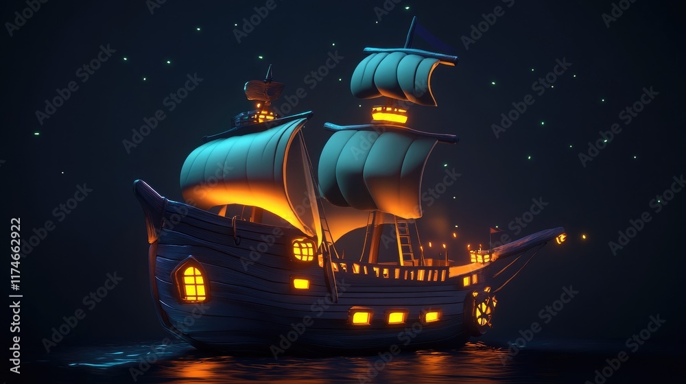 Naklejka premium Vintage Pirate Ship at Night with Glowing Lanterns and Sails