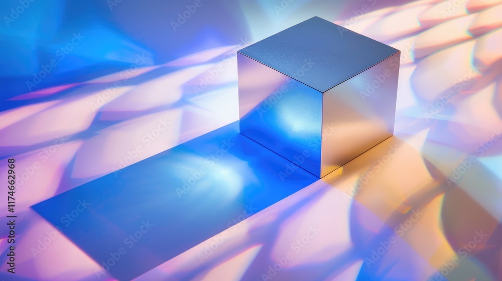 Futuristic silver metallic cube placed on a reflective surface with holographic lighting, symbolizing innovation and technology.