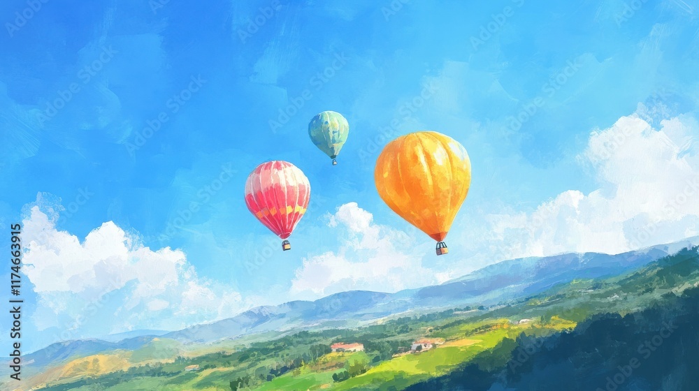 Fototapeta premium A vibrant scene of colorful hot air balloons soaring above lush green landscapes under a bright blue sky.
