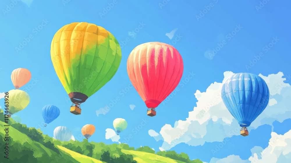 Fototapeta premium Colorful hot air balloons float above lush green hills under a bright blue sky, creating a serene and cheerful atmosphere.