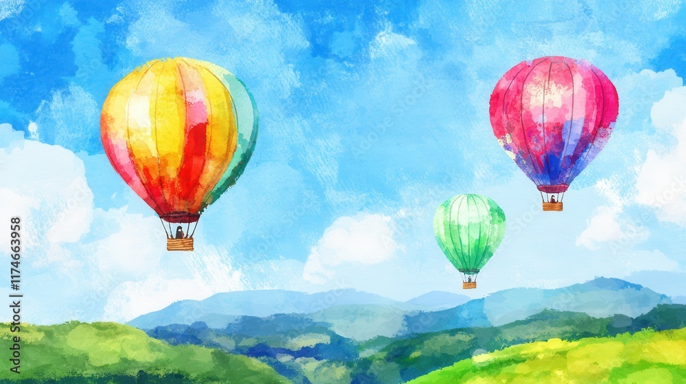 Obraz premium Colorful hot air balloons float serenely in a bright sky over lush green hills, creating a picturesque and vibrant landscape.