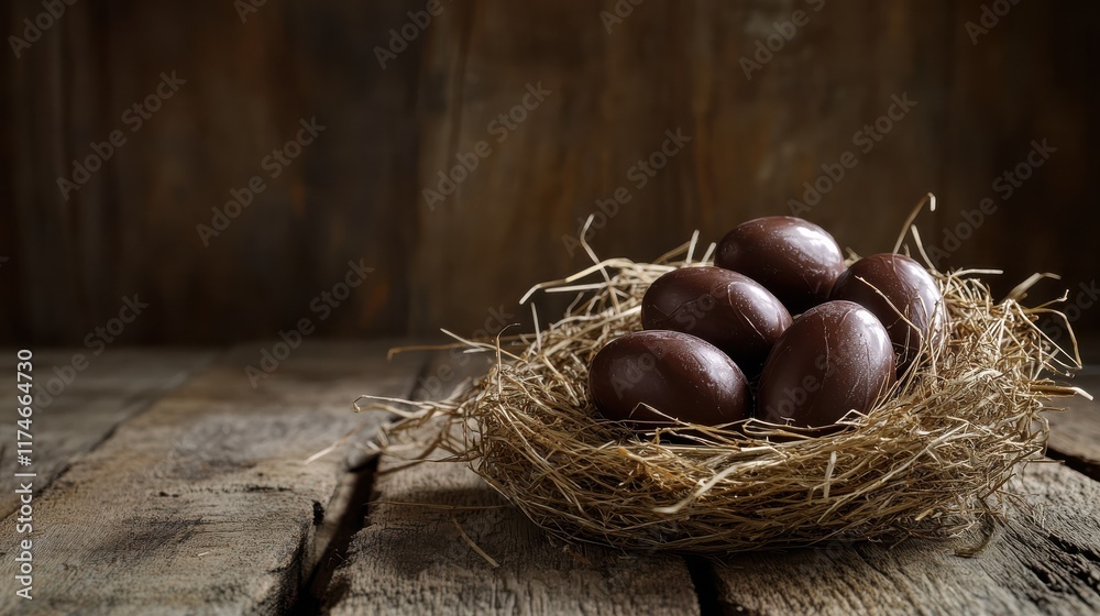 easter, confectionery and holidays concept - chocolate eggs and candies in straw nest on wooden background easter, confectionery and holidays concept - chocolate eggs and candies in straw nest on wooden background