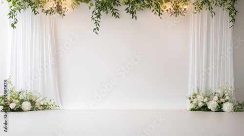 A white wall with a green curtain and a green plant hanging from it
