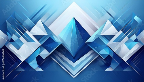Abstract geometric design with a modern blue background, layered white transparent materials, and shapes like triangles, diamonds, and squares in harmony