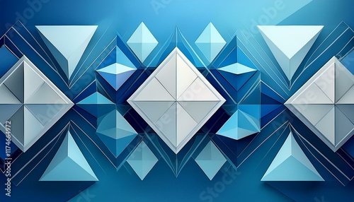 Abstract geometric design with a modern blue background, layered white transparent materials, and shapes like triangles, diamonds, and squares in harmony photo