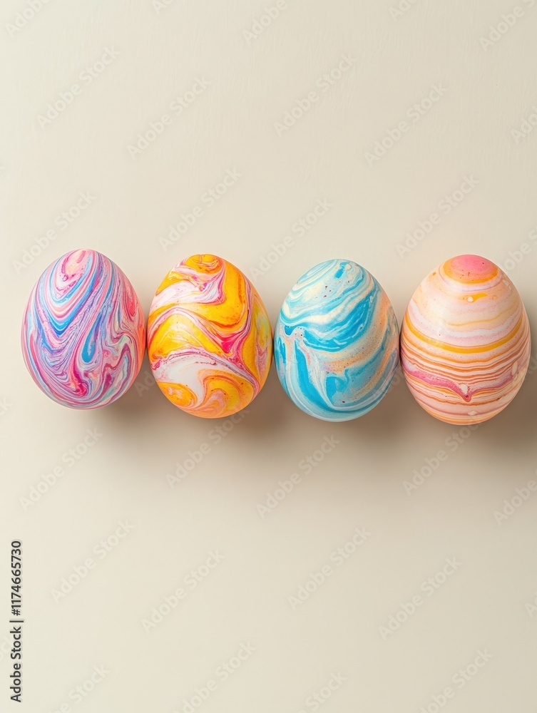 Fototapeta premium Marbled easter eggs in vibrant colors arranged in a row against a light neutral background for festive decoration concepts
