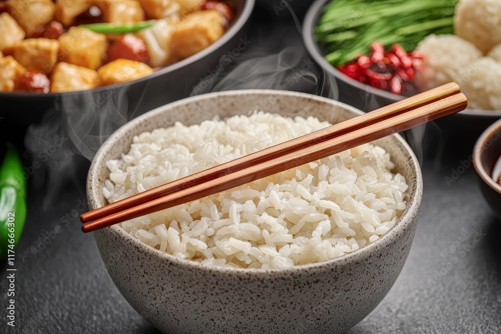 Chinese festive dinner concept. Steaming bowl of rice with chopsticks on a dark surface. Chinese festive dinner concept. Steaming bowl of rice with chopsticks on a dark surface.