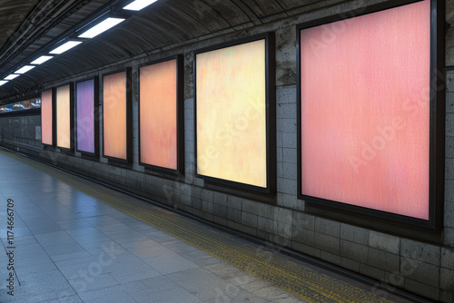 Fototapeta Naklejka Na Ścianę i Meble -  Brightly lit subway station with multiple blank advertising panels