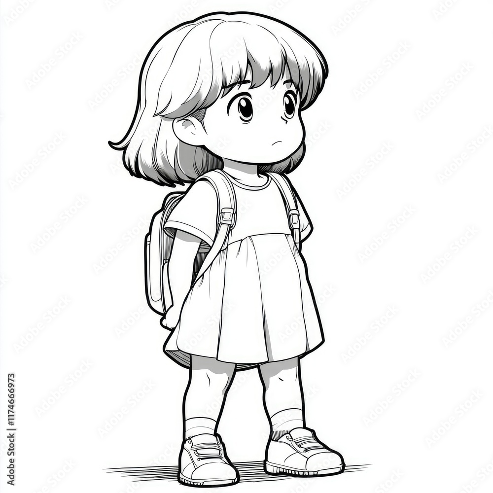 Little Girl with Backpack Looking Upward - Black and White Illustration Little Girl with Backpack Looking Upward - Black and White Illustration