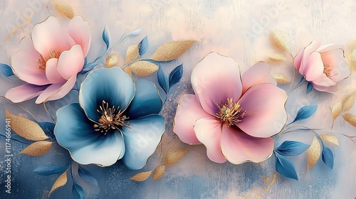 3D flowers in blue and pink, with gold leaves on the background, as a wallpaper, mural, or painting