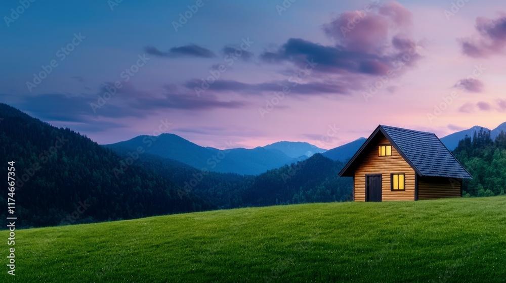 Serene Wooden House Surrounded by Mountains at Twilight Serene Wooden House Surrounded by Mountains at Twilight