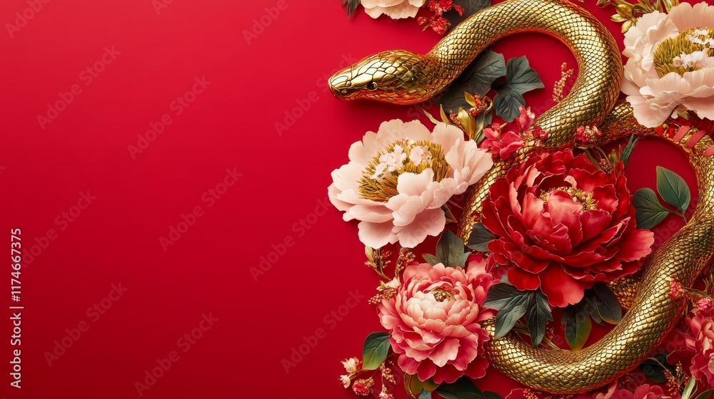 Obraz premium Serpentine Elegance: Golden Snake Coiled around Vibrant Peony Blooms on Red Background with Exquisite Detailing and Festive Design