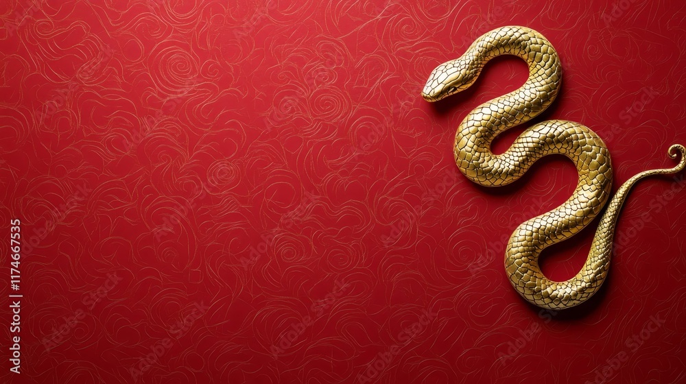 Obraz premium Minimalist Golden Snake Chinese New Year Card on Red Textured Backdrop - Understated Elegance Greeting Design