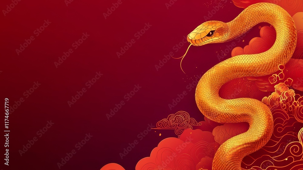 Obraz premium Festive Gold Snake Coiled in Abstract Clouds on Deep Red Background - Detailed Intricate Design for Celebratory Card