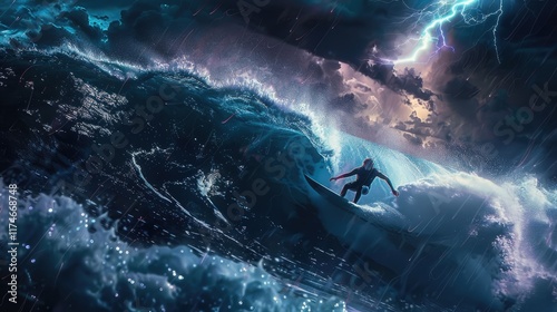 A dramatic image of a surfer riding a giant wave during a storm, with lightning illuminating the sky. photo