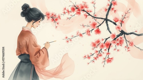 Woman painting under blossoming plum tree.