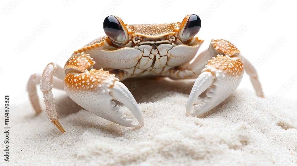 Close-up of a small orange and white crab on white sand against a white background. Close-up of a small orange and white crab on white sand against a white background.