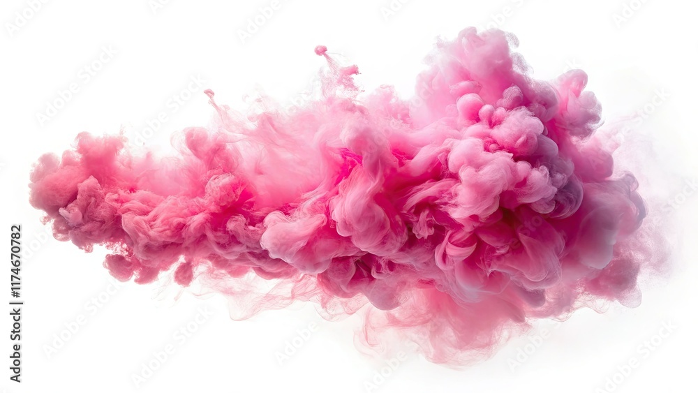 Ethereal pink vapor, a dreamy, misty cloud isolated against a stark white, low-light backdrop.