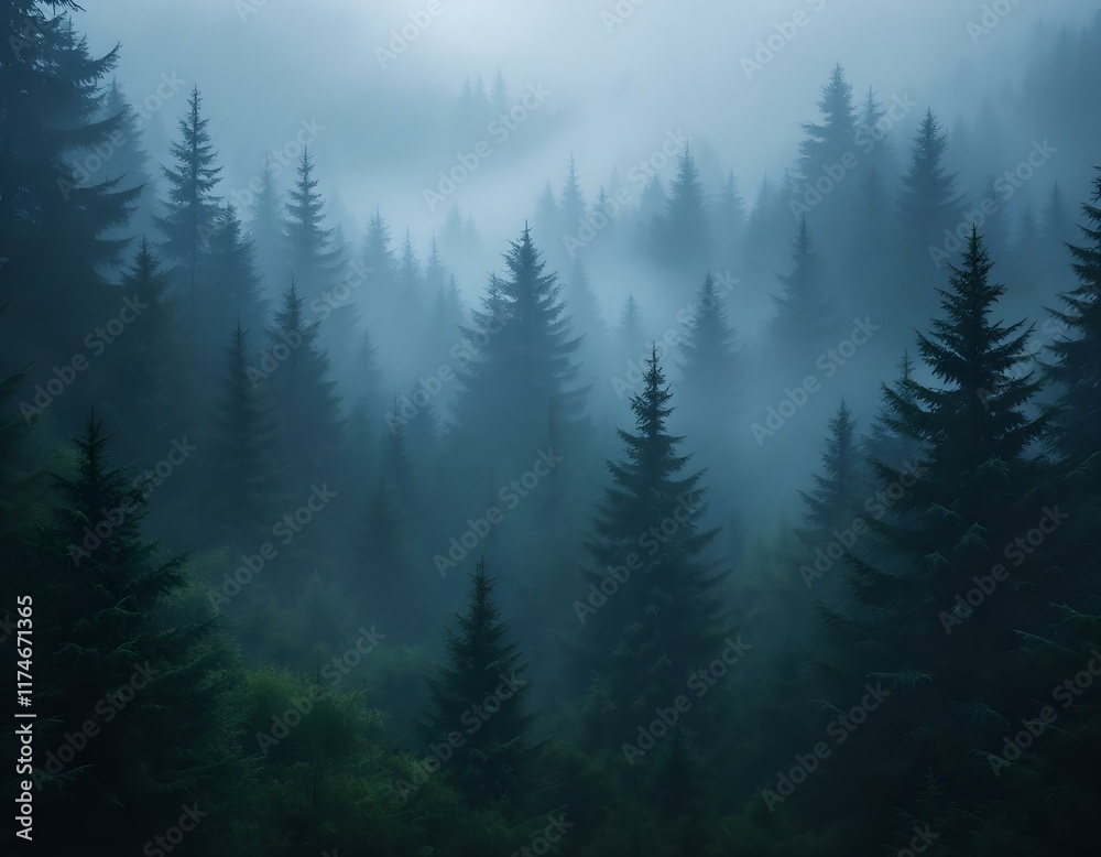 Fototapeta premium Misty Forest: Enigmatic Coniferous Trees in a Serene Blue Haze