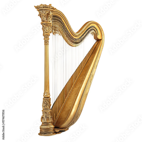 golden harp instrument reminisce white background