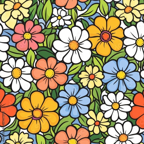 Vibrant Floral Seamless Pattern A Colorful Bouquet of Retro Flowers