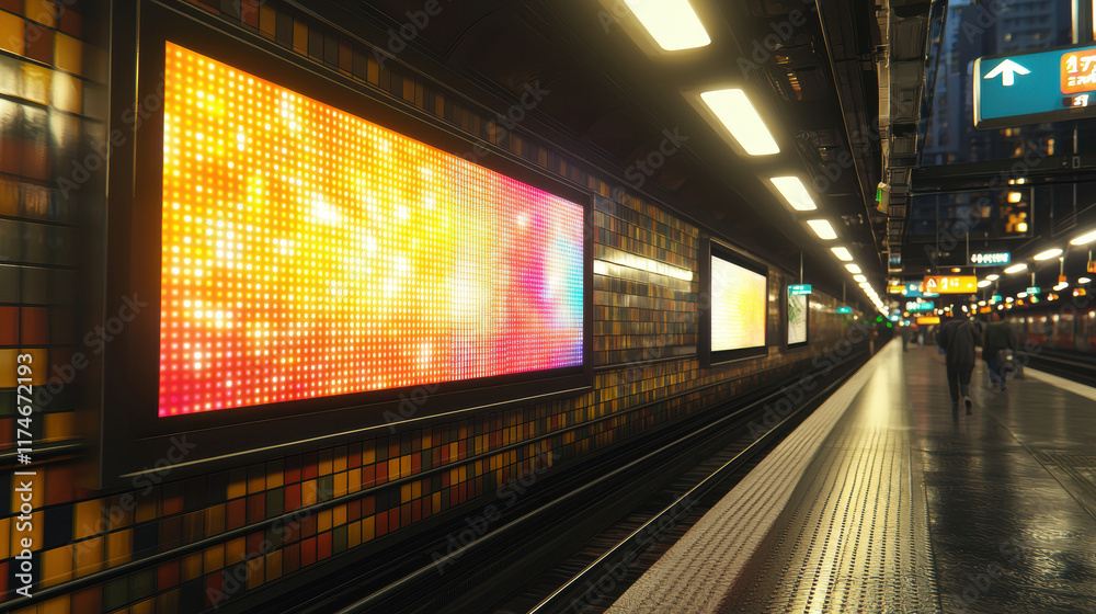 Vibrant subway station with colorful digital advertisements and modern design Vibrant subway station with colorful digital advertisements and modern design