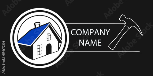 Home Renovation Logo Design with Blue Roof and Hammer Illustration